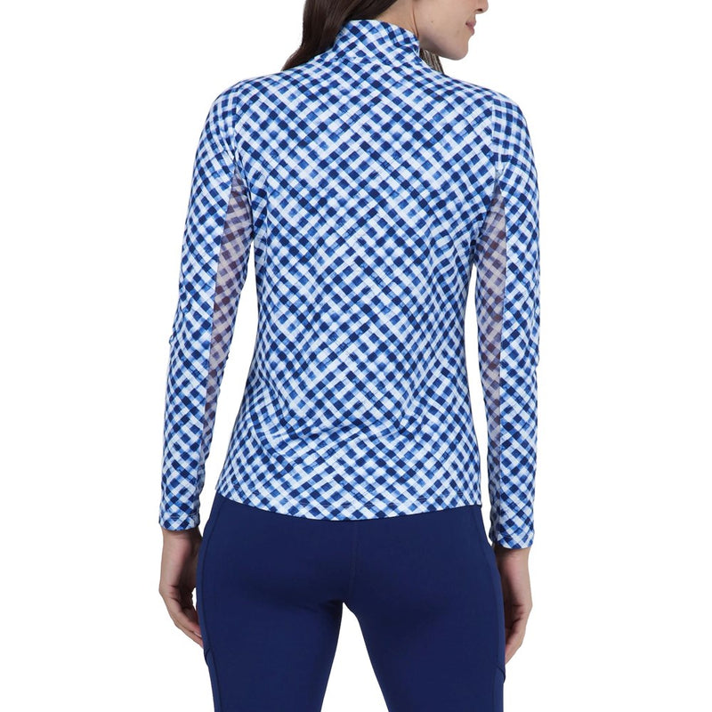 IBKUL Women's Gingham Print Long Sleeve Mock Neck Golf Top - Navy/White