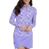 IBKUL Women's Gingham Print Long Sleeve Mock Neck Golf Top - Lavender/ White