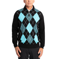 Glenmuir Lauder Quarter Zip Diamond Argyle Cotton Golf Pullover - Black/ Aqua