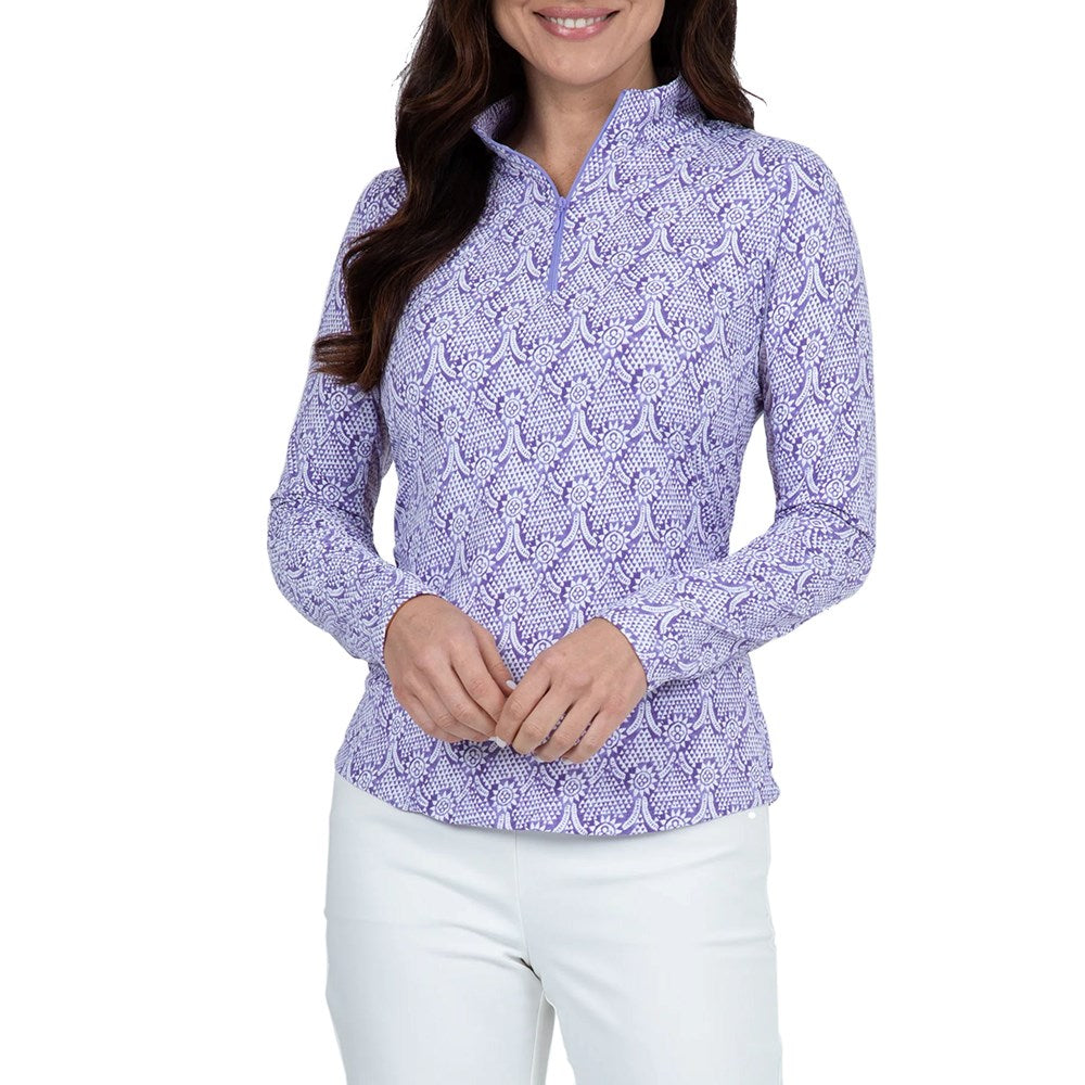 IBKUL Women's Leslie Print Long Sleeve Mock Neck Golf Top - Lavender/White